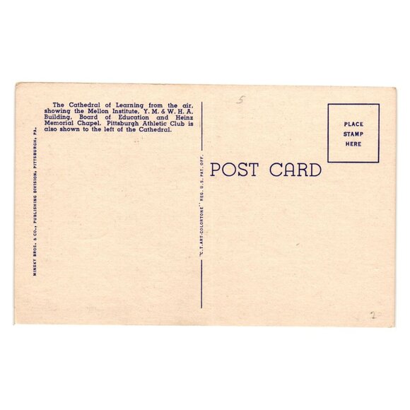 Vintage Postcard Cathedral Learning From The Air Pittsburgh PA Linen Style 705 - Picture 2 of 2